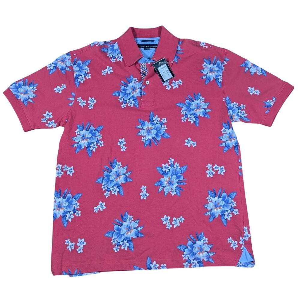Tommy Hilfiger‎ Men's Medium Polo Shirt Red Hawaiian Floral Cotton Short Sleeve